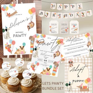 Let's Pawty Birthday Bundle Set - Includes: Invitation, Party Banner, Adopt a Puppy set, Entrance Sign, Cupcake Topper, Gift Tags