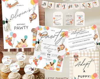 Let's Pawty-verjaardagsbundelset: bevat: uitnodiging, feestbanner, Adopteer een puppy-set, entreebord, cupcaketopper, cadeaukaartjes