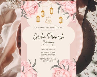 Invitación digital para inauguración de casa india / Invitación Griha Pravesh / Diseño de templo / Peonía floral / Rosa claro / Descarga instantánea
