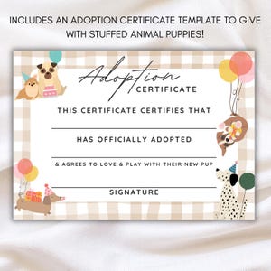 Colorful dog birthday invite with playful dogs holding birthday balloons and wearing hats, surrounded by wrapped presents. Includes a boxer, Dachshund or weiner dog, pug, Dalmatian dog and more. Adoption certificate.
