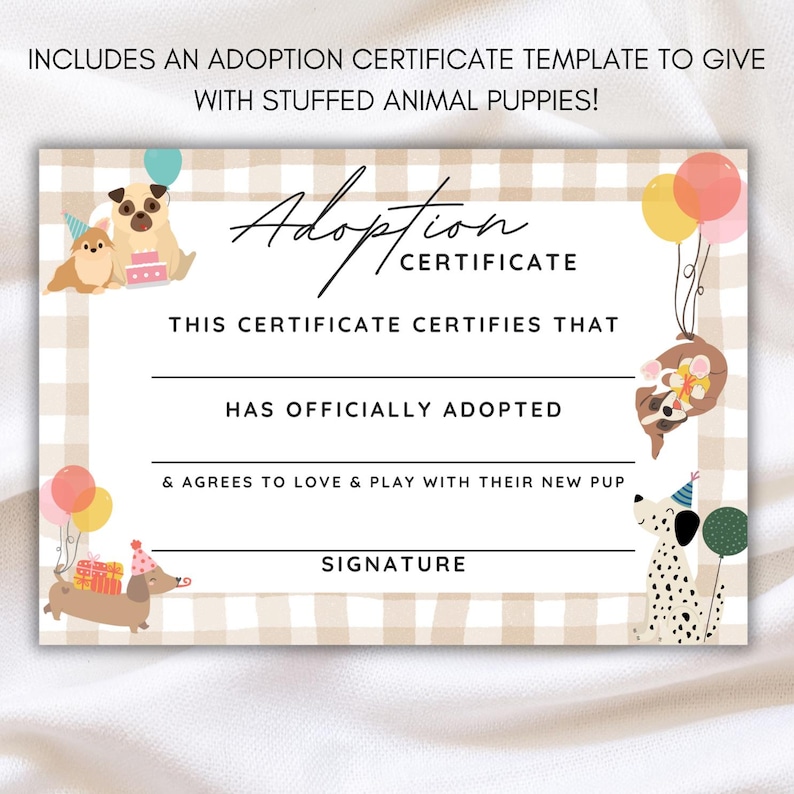 Colorful dog birthday invite with playful dogs holding birthday balloons and wearing hats, surrounded by wrapped presents. Includes a boxer, Dachshund or weiner dog, pug, Dalmatian dog and more. Adoption certificate.