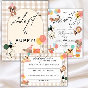 Set de cumpleaños Let's Pawty: incluye invitación con temática de perros, cartel para adoptar un cachorro y certificado de adopción. Invitación editable para fiesta infantil o de perros.