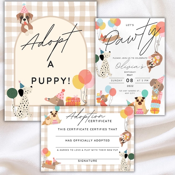Let's Pawty Birthday Set - Includes Dog Themed Invite, Adopt a Puppy Sign and Adoption Certificate - Editable Kids or Dog Party Invite