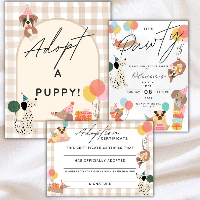 Dog birthday invitation featuring dogs with birthday hats, holding balloons, and surrounded by presents for kids or dog-themed birthday parties. Includes a sign that says "Adopt a Dog" and an adoption certificate.