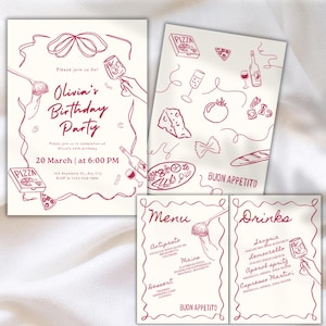 Invito di compleanno per cena italiana con menù di cibo e bevande - Invito rosso disegnato a mano con pizza, vino, pasta - Modello Canva modificabile