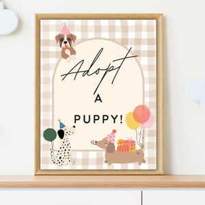 Dog birthday invitation featuring dogs with birthday hats, holding balloons, and surrounded by presents for kids or dog-themed birthday parties. Includes a sign that says "Adopt a Dog" and an adoption certificate.