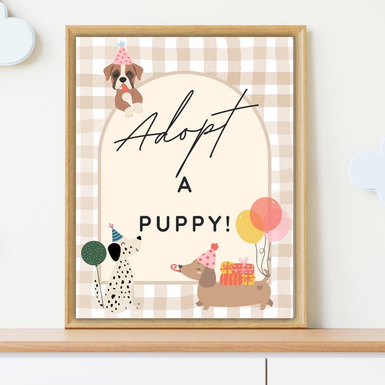 Dog birthday invitation featuring dogs with birthday hats, holding balloons, and surrounded by presents for kids or dog-themed birthday parties. Includes a sign that says "Adopt a Dog" and an adoption certificate.