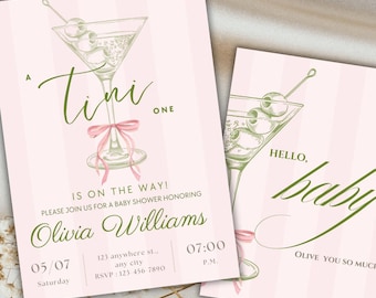 Uitnodiging babyshower roze martini – A Tini One Is On The Way – uitnodiging babyshower voor meisjes met martini’s, strepen, strikken en coquette