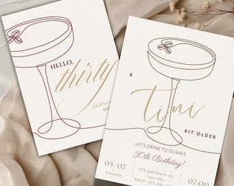 Espresso martini verjaardagsuitnodiging – "A Tini Bit Older" – bewerkbare digitale sjabloon in espressobruin - 20e, 30e, 40e, 50e verjaardagsfeestje