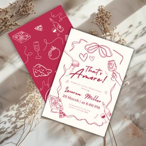 That's Amore! Italian Themed Bridal Shower Invitation – Hand-Drawn Italian Food Doodles – Pizza, Pasta, Wine – Editable Canva Invite