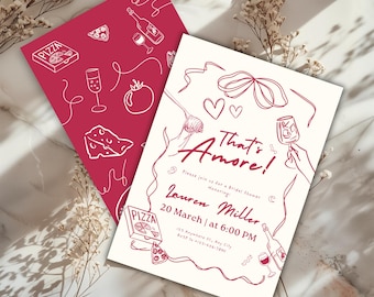 Dat is Amore! Uitnodiging bruiloft Italiaans thema – handgetekende doodles Italiaans eten – pizza, pasta, wijn – bewerkbare canva-uitnodiging