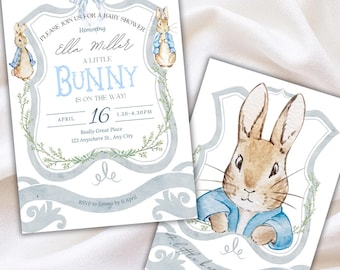 Uitnodiging babyshower Peter Rabbit – er is een konijntje onderweg – bewerkbare sjabloon – direct downloaden – babyshower voor jongen - thema konijn
