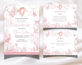 Paquete de invitaciones clásicas para baby shower de Winnie the Pooh para niñas, incluye sorteo de pañales, invitación vintage de Winnie the Pooh Toile de Jouy para baby shower