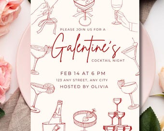Galentine's Day Cocktailthema-uitnodiging, Galentine's Day-menu, Galentine's Girl's Night, Galentine's Day digitale uitnodiging, Galentine's Party