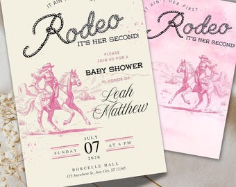 Invitación para baby shower con temática de rodeo "No es su primer rodeo", invitación rosa para baby shower de vaquera occidental, temática de rodeo