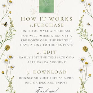 May include: A cream-colored invitation design with floral and bee illustrations. The text reads "PAPER BIRD INVITES" and "HOW IT WORKS" with instructions for purchase, editing, and downloading. The design includes a hummingbird graphic.