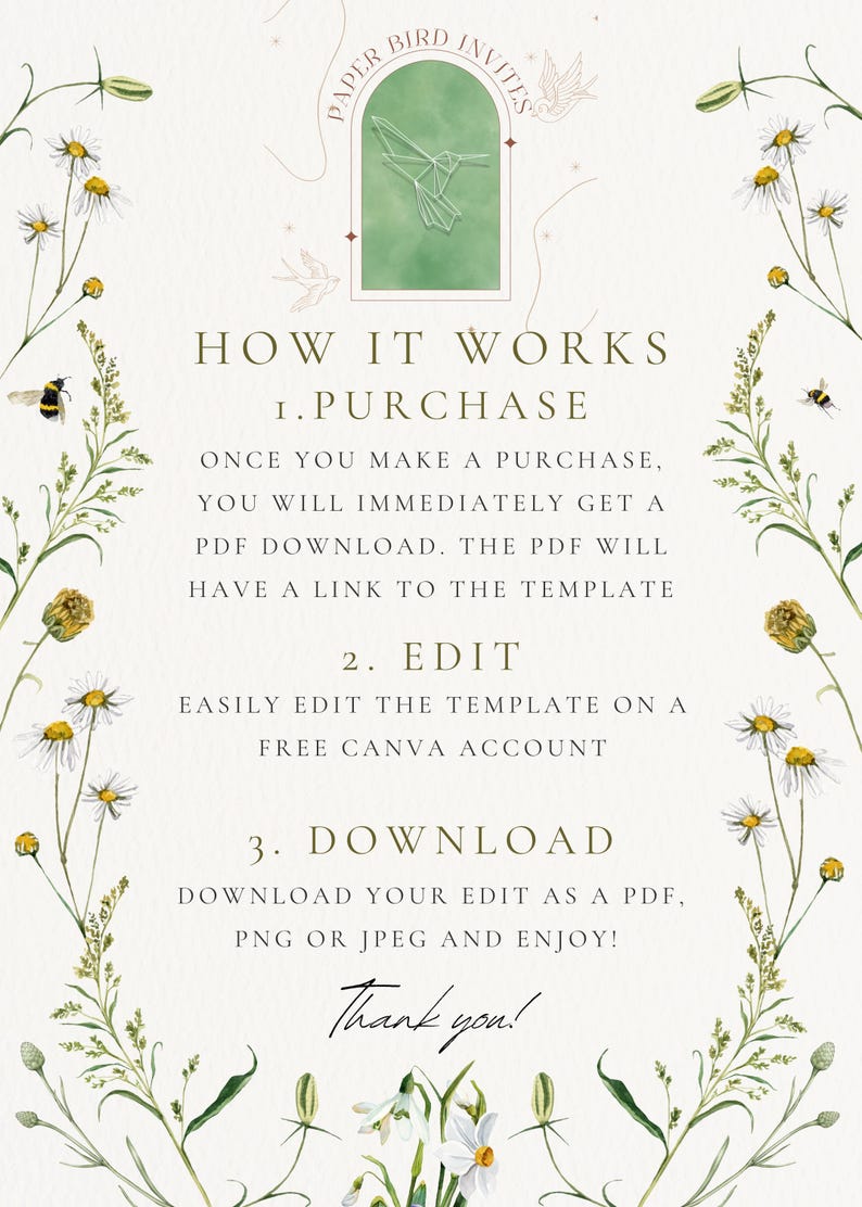 May include: A cream-colored invitation design with floral and bee illustrations. The text reads "PAPER BIRD INVITES" and "HOW IT WORKS" with instructions for purchase, editing, and downloading. The design includes a hummingbird graphic.