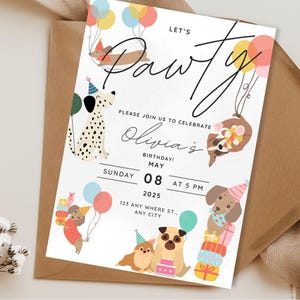 Dog birthday invitation featuring dogs with birthday hats, holding balloons, and surrounded by presents for kids or dog-themed birthday parties. Let's Pawty! dog adoption party, kid's birthday party or dog birthday party invite.
