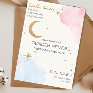 Twinkle Twinkle Little Star Gender Reveal Invitation – Clouds theme with pink and blue clouds, a Moon and Stars - Editable Digital Download