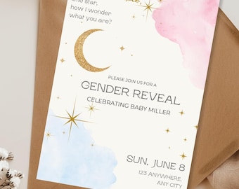 Twinkle Twinkle Little Star Gender Reveal-uitnodiging – wolkenthema met roze en blauwe wolken, een maan en sterren - bewerkbare digitale download