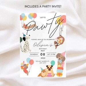 Colorful dog birthday invite with playful dogs holding birthday balloons and wearing hats, surrounded by wrapped presents. Includes a boxer, Dachshund or weiner dog, pug, Dalmatian dog and more.