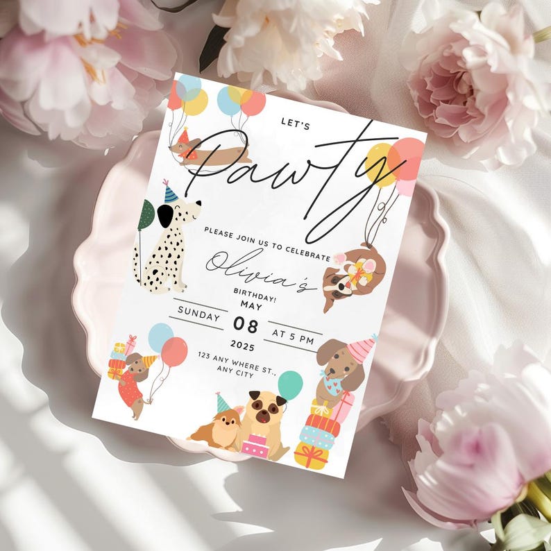 Dog birthday invitation featuring dogs with birthday hats, holding balloons, and surrounded by presents for kids or dog-themed birthday parties. Let's Pawty! dog adoption party, kid's birthday party or dog birthday party invite.