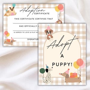 Adopt a Puppy Set - Includes Adopt a Puppy Sign and Adoption Certificate - Editable for a kids birthday or a puppy adoption party!