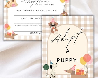 Set "Adopta un cachorro": incluye cartel "Adopta un cachorro" y certificado de adopción. ¡Editable para el cumpleaños de un niño o una fiesta de adopción de un cachorro!