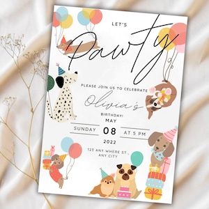 Dog birthday invitation featuring dogs with birthday hats, holding balloons, and surrounded by presents for kids or dog-themed birthday parties