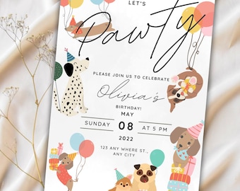 May include: A colorful birthday party invitation with the text "Let's Pawty" and a dog-themed design. The invitation is for Olivia's birthday on Sunday, May 8th, 2022 at 5 PM. The address is 123 Any Where St., Any City.