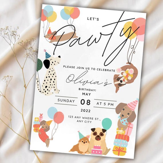 Let's Pawty Birthday Invitation - Dog theme Invite - Editable Kids Party Invite with Dogs & Balloons - Also for Dog's Birthday Party's