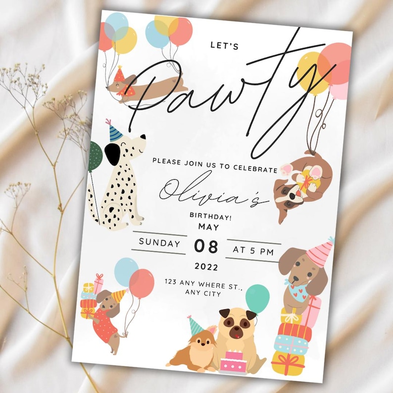 Dog birthday invitation featuring dogs with birthday hats, holding balloons, and surrounded by presents for kids or dog-themed birthday parties