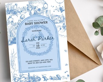 Invitación clásica para baby shower de niño con Winnie the Pooh, cuento de Winnie the Pooh, Toile de Jouy, patrón francés