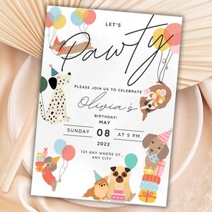 Colorful dog birthday invite with playful dogs holding birthday balloons and wearing hats, surrounded by wrapped presents