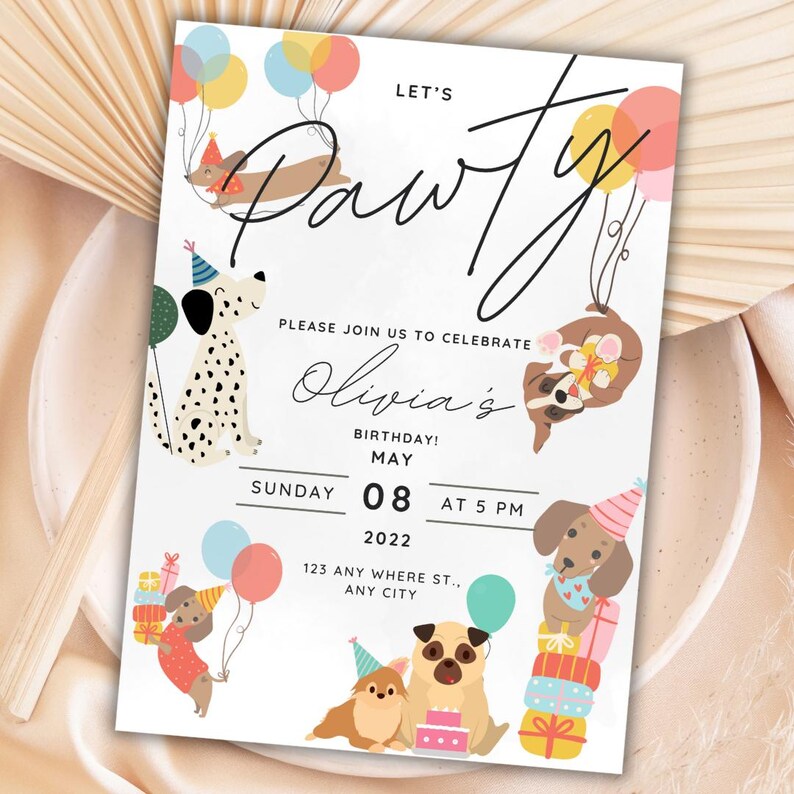 Colorful dog birthday invite with playful dogs holding birthday balloons and wearing hats, surrounded by wrapped presents