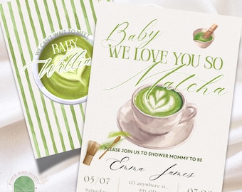 ¡Te queremos mucho Matcha! Invitación moderna para baby shower – Temática Matcha Verde