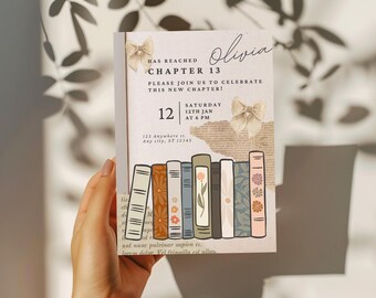 Invitación de cumpleaños editable con temática de libros (Capítulo 13) - Invitación digital - Adaptable a cualquier edad - Páginas de libros y lazos de croqueta - Tema para amantes de los libros