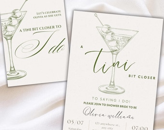 Een Tini Bit Closer to Saying I Do-uitnodiging – martini-uitnodiging voor vrijgezellenfeest of vrijgezellenfeest – olijfgroene digitale bewerkbare sjabloon
