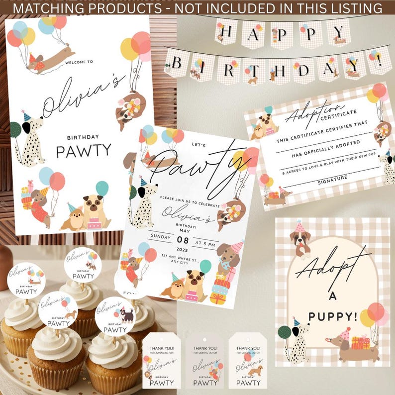 Let's Pawty Birthday Set - Includes Dog Themed Invite, Adopt a Puppy Sign and Adoption Certificate - Editable Kids or Dog Party Invite image 10