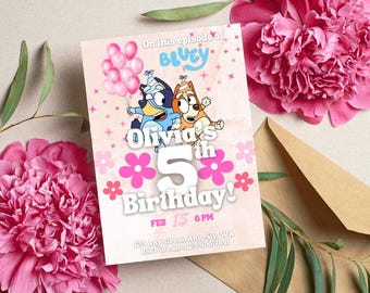 Bluey-verjaardagsuitnodiging, Bluey-uitnodiging voor meisjes,