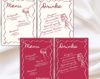 Italiaanse diner- en drankmenuset – rood-wit afdrukbaar met handgetekende doodles – wijnglas, spaghetti-design – bruiloften, verjaardagen