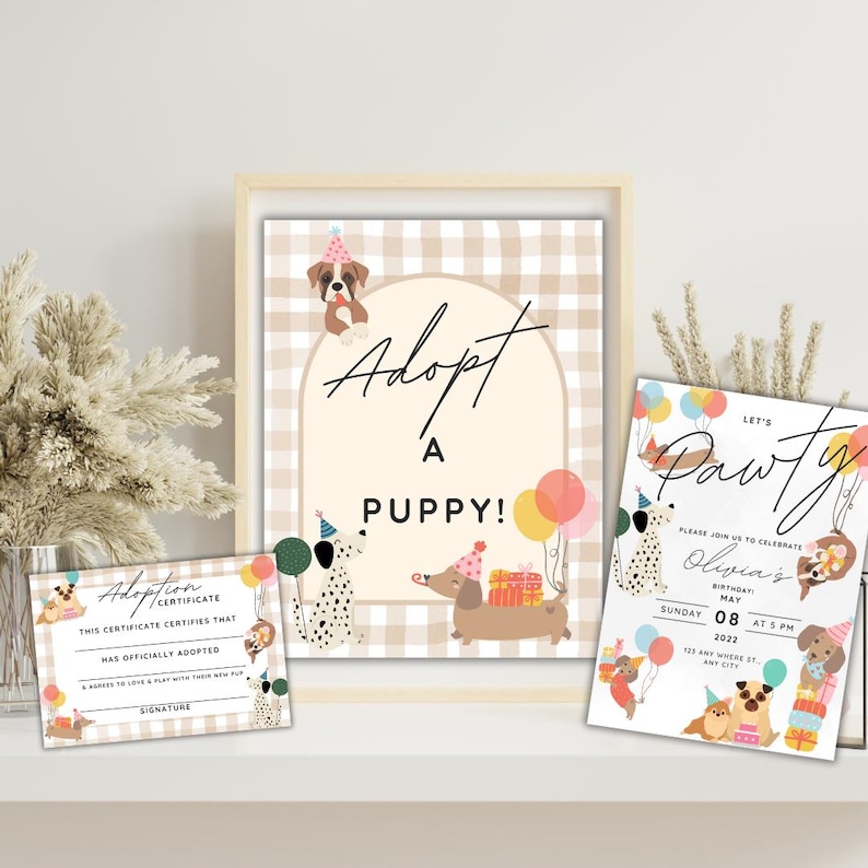 Dog birthday invitation featuring dogs with birthday hats, holding balloons, and surrounded by presents for kids or dog-themed birthday parties. Includes a sign that says "Adopt a Dog" and an adoption certificate.
