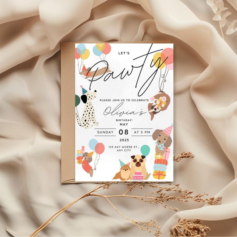 Dog birthday invitation featuring dogs with birthday hats, holding balloons, and surrounded by presents for kids or dog-themed birthday parties. Let's Pawty! dog adoption party, kid's birthday party or dog birthday party invite.