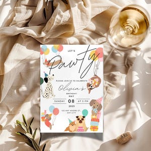 Dog birthday invitation featuring dogs with birthday hats, holding balloons, and surrounded by presents for kids or dog-themed birthday parties. Let's Pawty! dog adoption party, kid's birthday party or dog birthday party invite.
