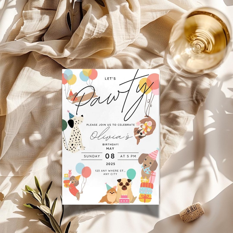 Dog birthday invitation featuring dogs with birthday hats, holding balloons, and surrounded by presents for kids or dog-themed birthday parties. Let's Pawty! dog adoption party, kid's birthday party or dog birthday party invite.