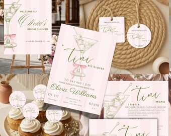 Un poco más cerca de decir "Sí, quiero" con moños: incluye invitación, letrero de entrada, adornos para cupcakes, etiquetas de regalo y menús de comida y bebida.