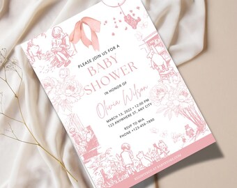 Klassieke Winnie de Pooh-babyshoweruitnodiging voor meisjes, vintage Toile de Jouy-babyshoweruitnodiging voor Winnie de Pooh, roze meisjestoile de Jouy Pooh