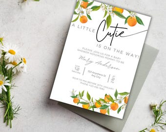 Invitación "Una belleza está en camino" - Invitación naranja para baby shower - Plantilla digital personalizable - Invitación imprimible - Descarga instantánea
