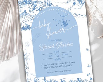 Invitación para baby shower de Winnie the Pooh - Estampado de Toile de Jouy azul - Invitación para baby shower de niño - Invitación clásica para fiesta temática de Pooh