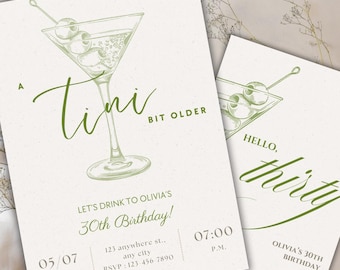 May include: Two invitation cards with a martini glass illustration in green. The text on the cards reads "A Tini Bit Older" and "Hello, thirty". One card includes details for Olivia's 30th birthday.